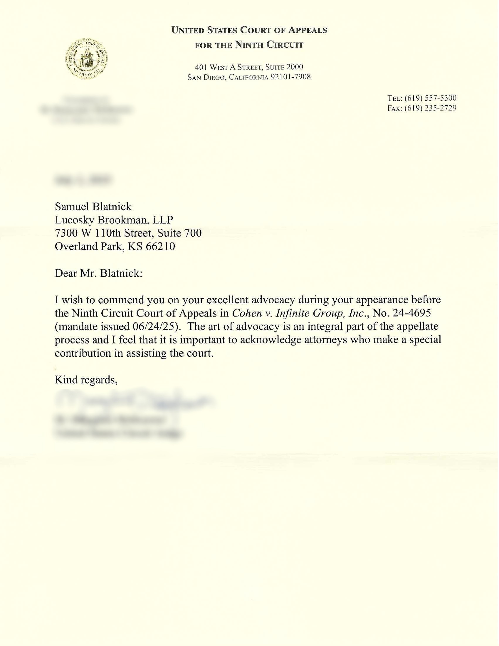 Commendation letter from the United States Court of Appeals for the Ninth Circuit